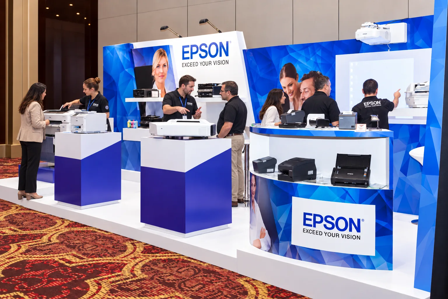 Stand de Epson con zonas de demostración de impresoras